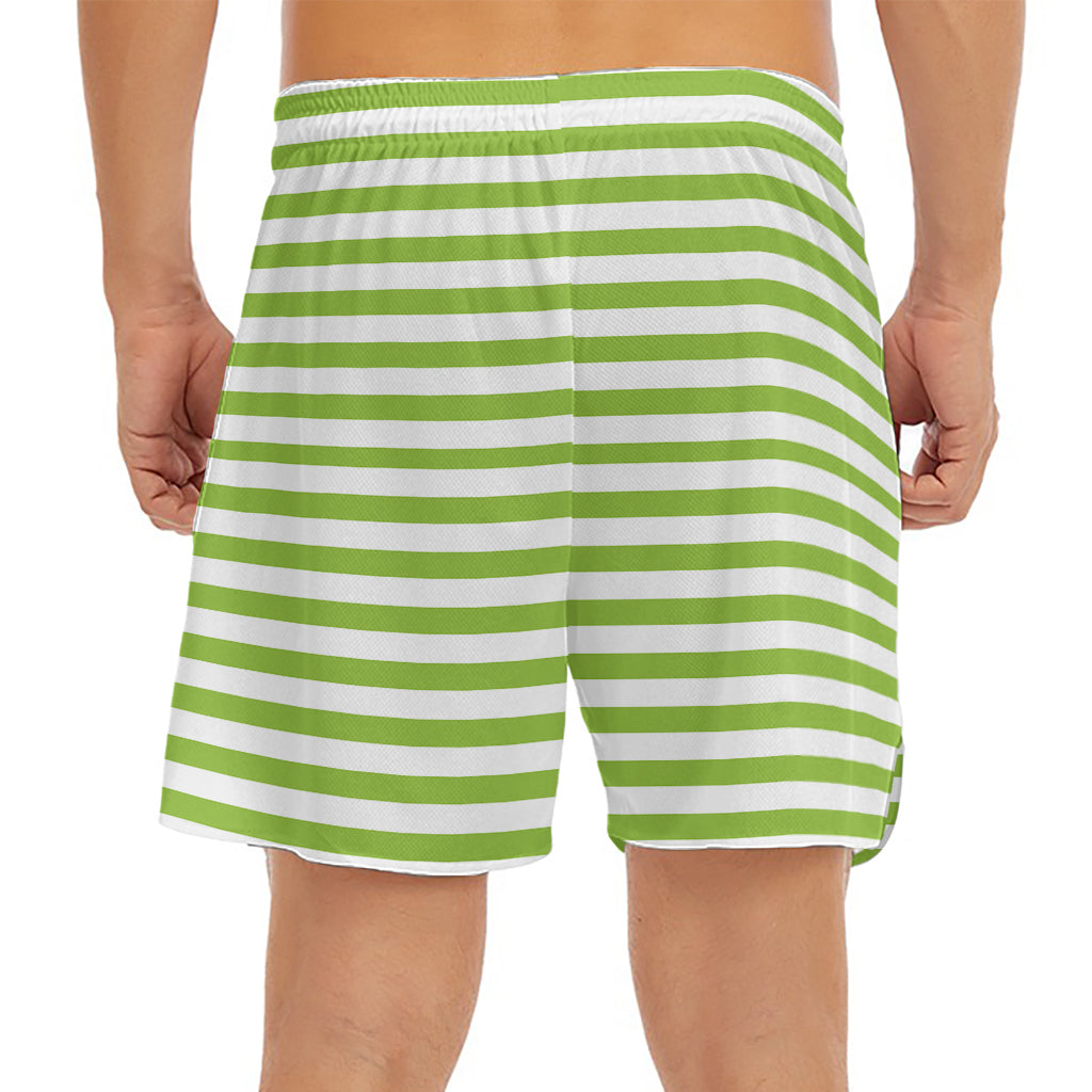 Green And White Striped Pattern Print Men's Split Running Shorts