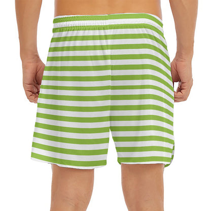 Green And White Striped Pattern Print Men's Split Running Shorts