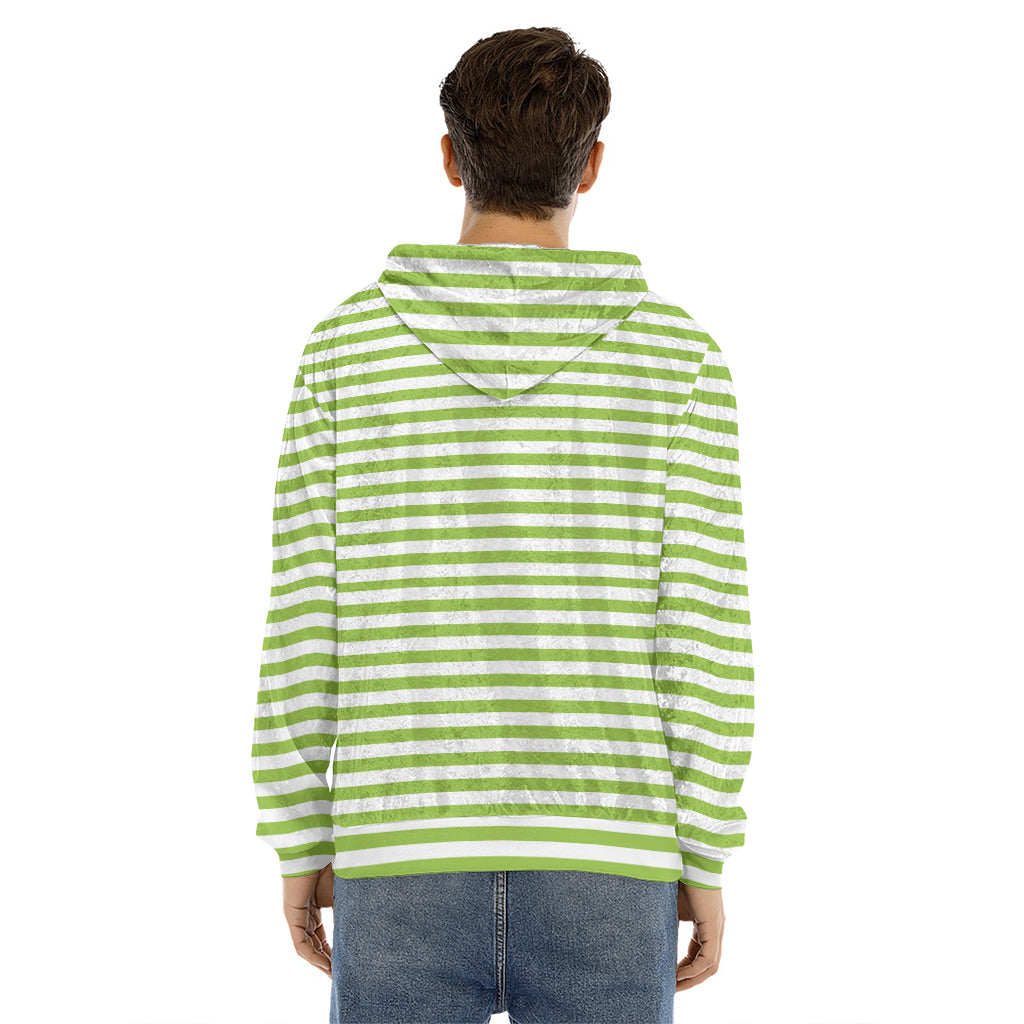 Green And White Striped Pattern Print Men's Velvet Pullover Hoodie