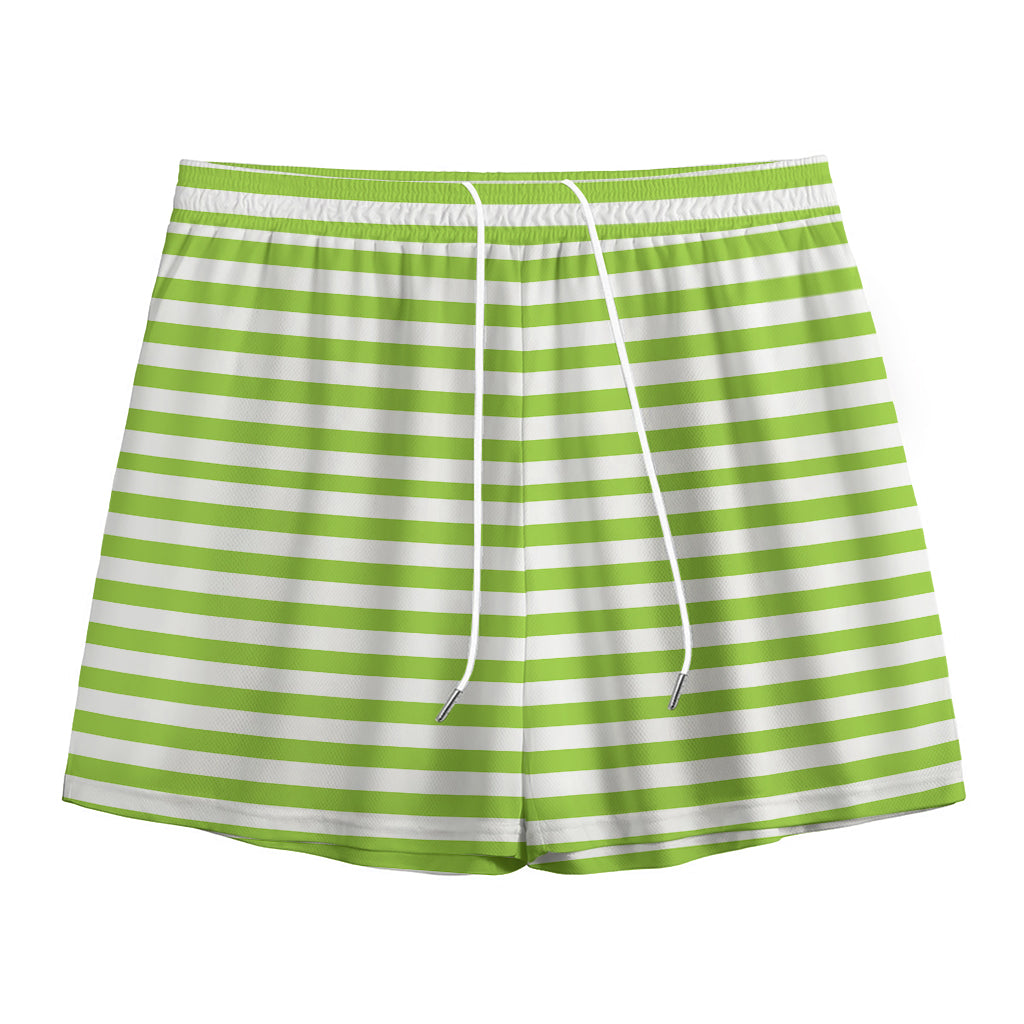 Green And White Striped Pattern Print Mesh Shorts
