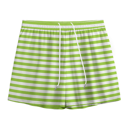 Green And White Striped Pattern Print Mesh Shorts