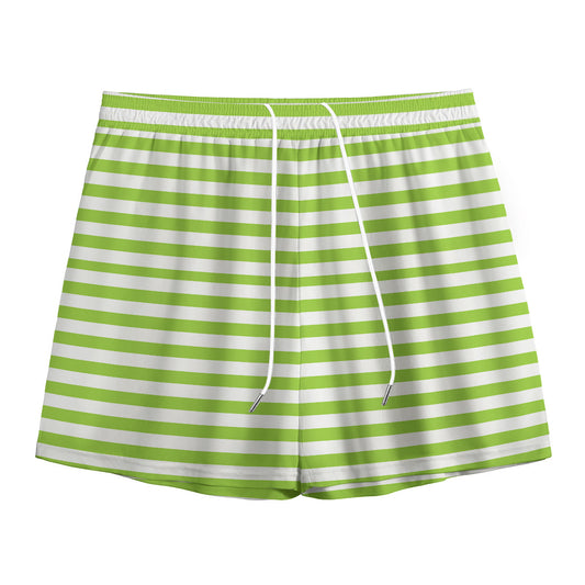 Green And White Striped Pattern Print Mesh Shorts