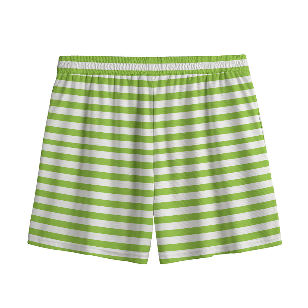 Green And White Striped Pattern Print Mesh Shorts