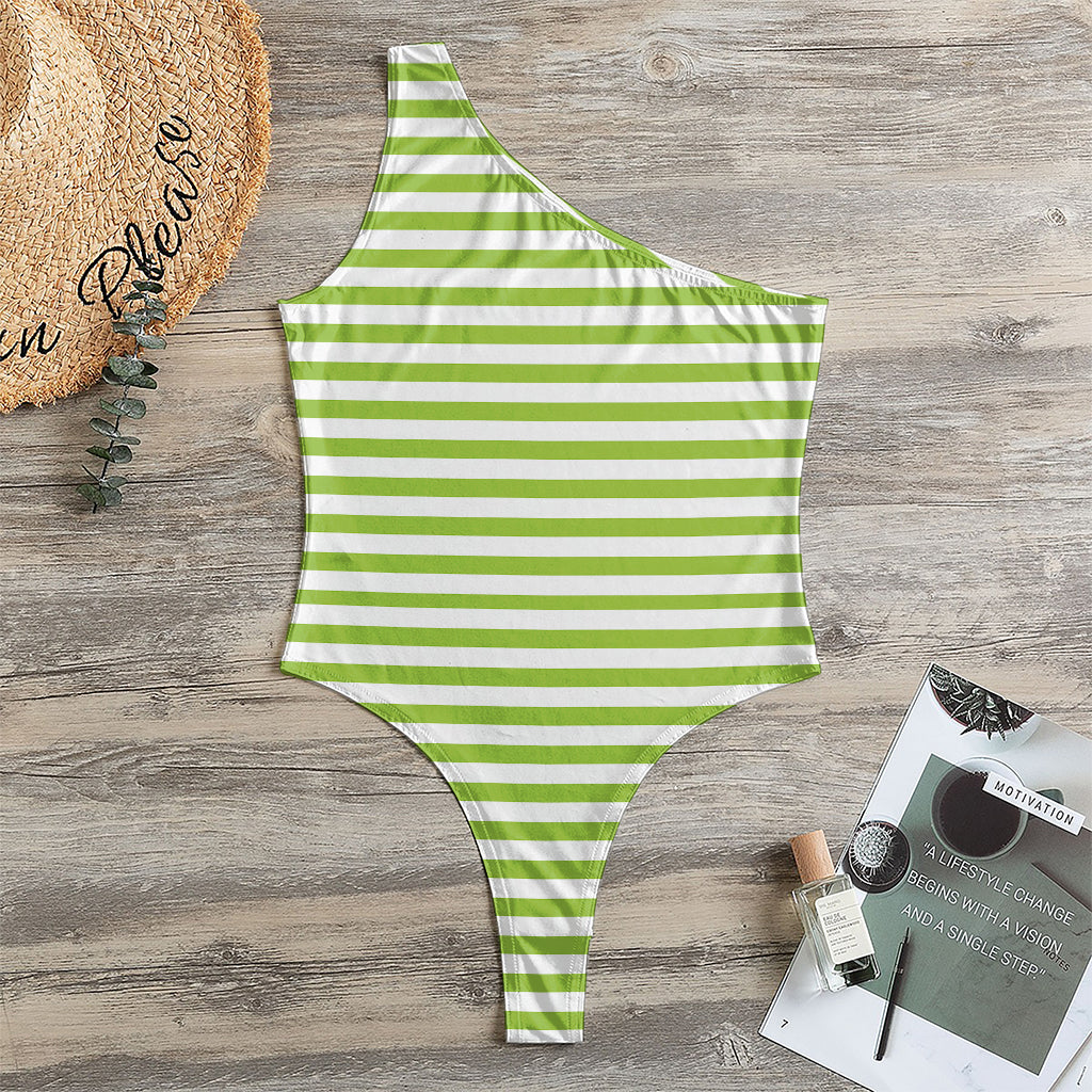 Green And White Striped Pattern Print One Shoulder Bodysuit