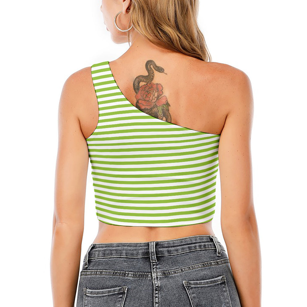 Green And White Striped Pattern Print One Shoulder Crop Top