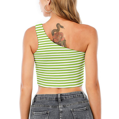 Green And White Striped Pattern Print One Shoulder Crop Top
