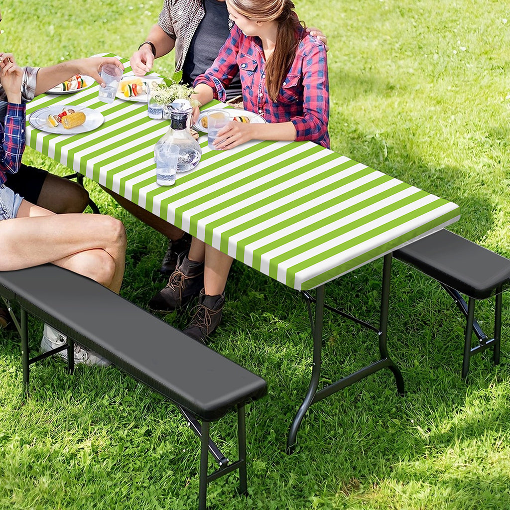 Green And White Striped Pattern Print Picnic Table Cover