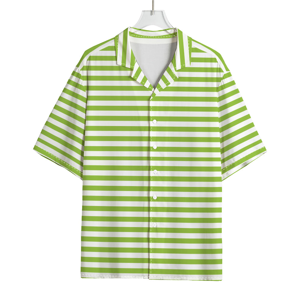 Green And White Striped Pattern Print Rayon Hawaiian Shirt