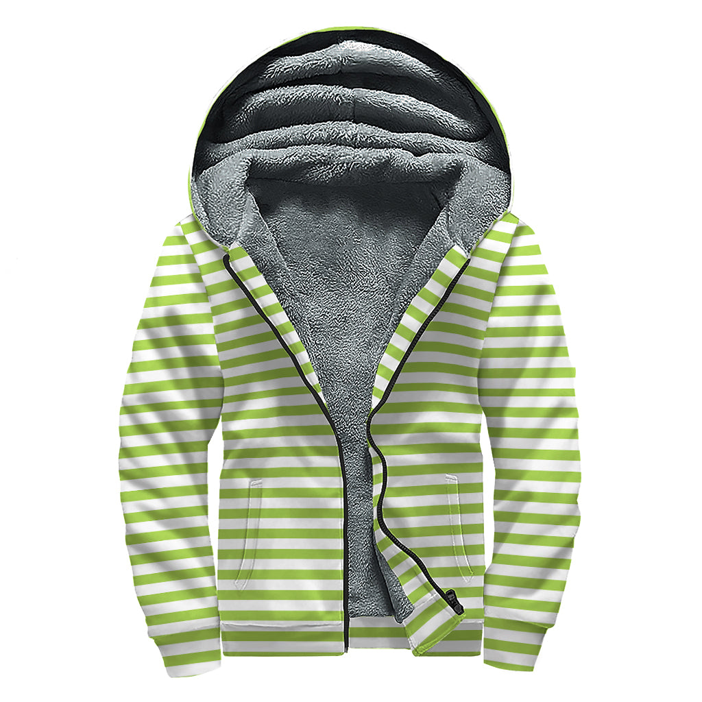 Green And White Striped Pattern Print Sherpa Lined Zip Up Hoodie