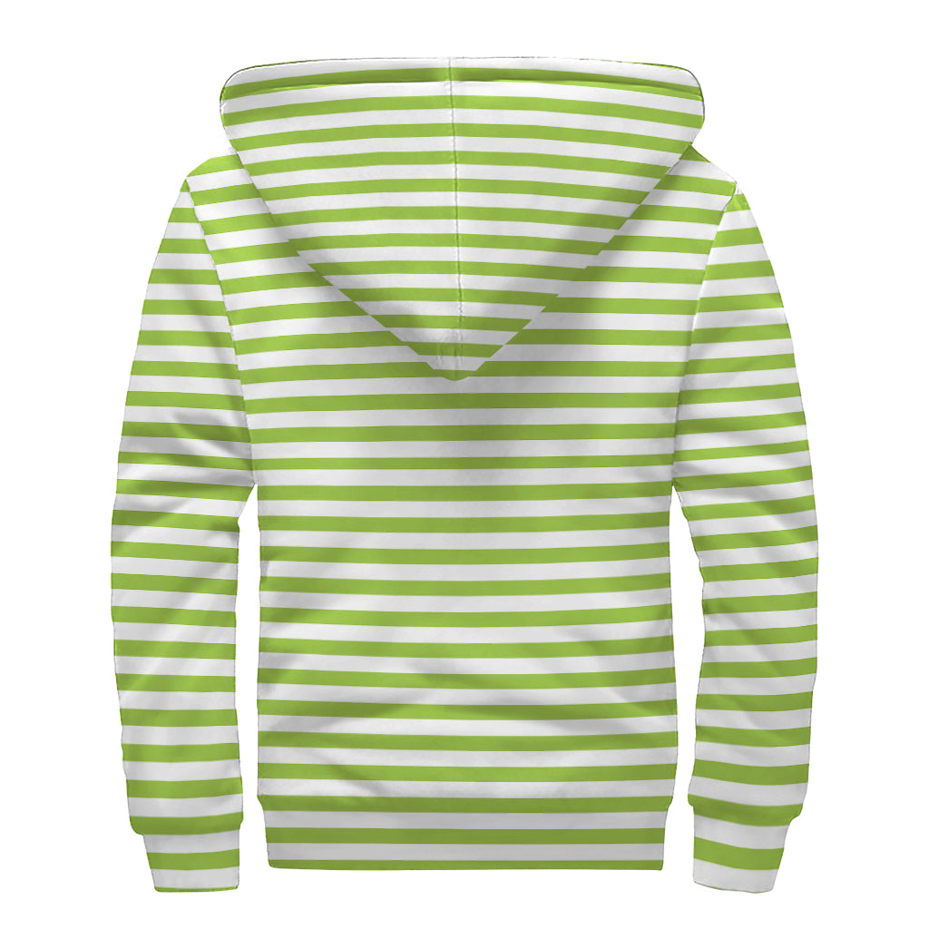 Green And White Striped Pattern Print Sherpa Lined Zip Up Hoodie