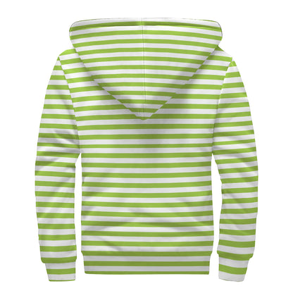 Green And White Striped Pattern Print Sherpa Lined Zip Up Hoodie