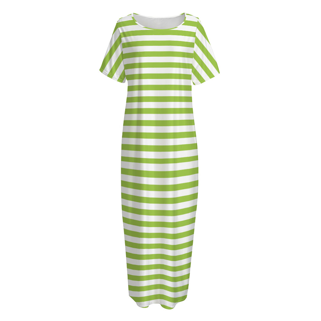 Green And White Striped Pattern Print Short Sleeve Long Nightdress