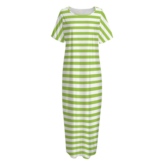 Green And White Striped Pattern Print Short Sleeve Long Nightdress
