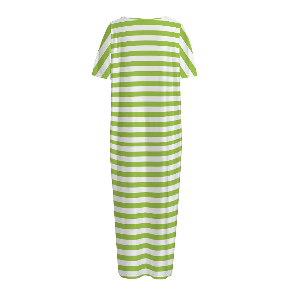 Green And White Striped Pattern Print Short Sleeve Long Nightdress