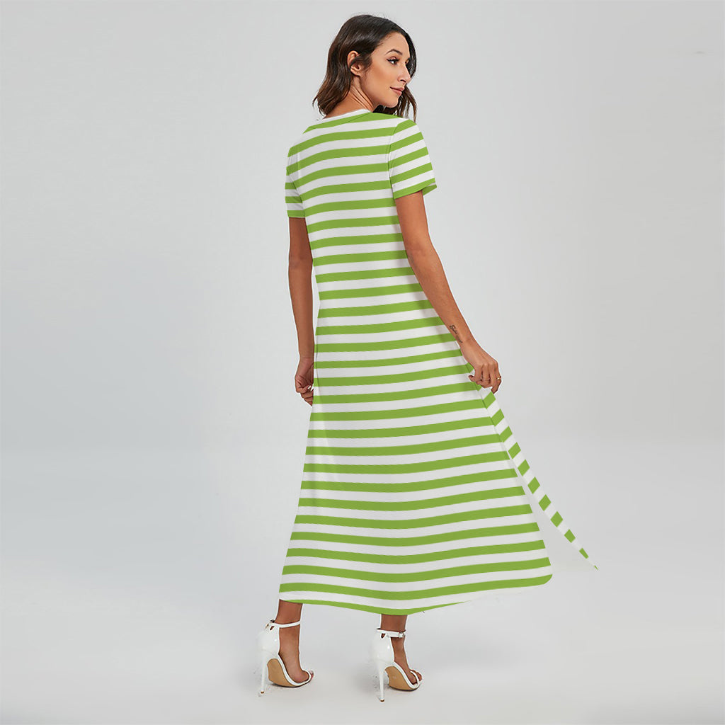 Green And White Striped Pattern Print Short Sleeve Maxi Dress