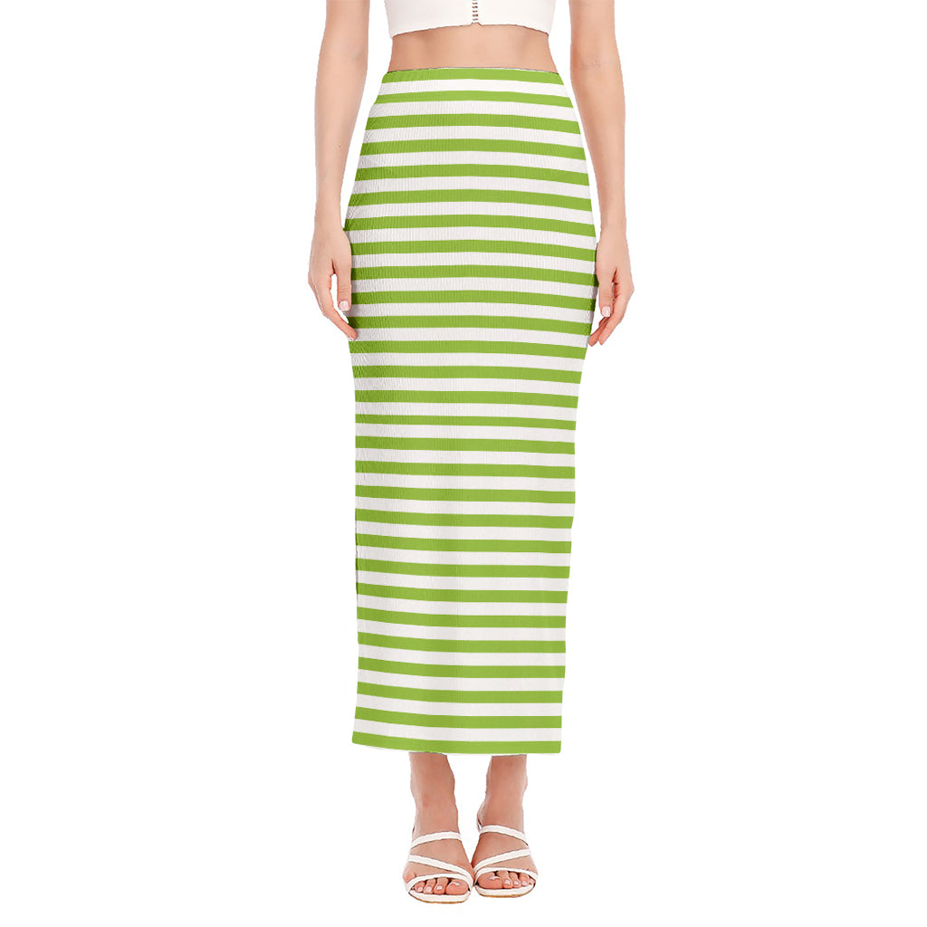 Green And White Striped Pattern Print Side Slit Maxi Skirt