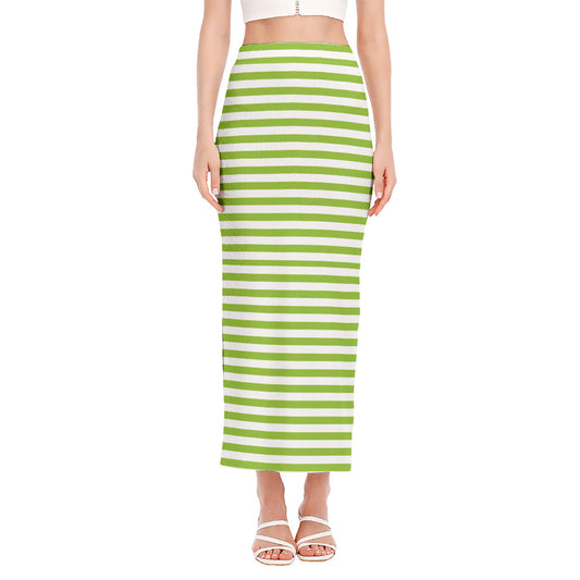Green And White Striped Pattern Print Side Slit Maxi Skirt
