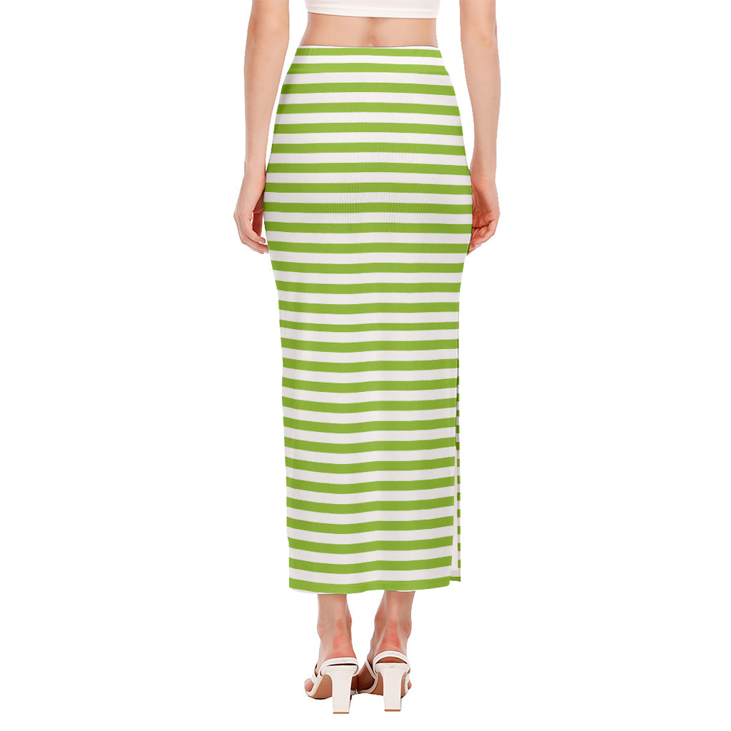 Green And White Striped Pattern Print Side Slit Maxi Skirt