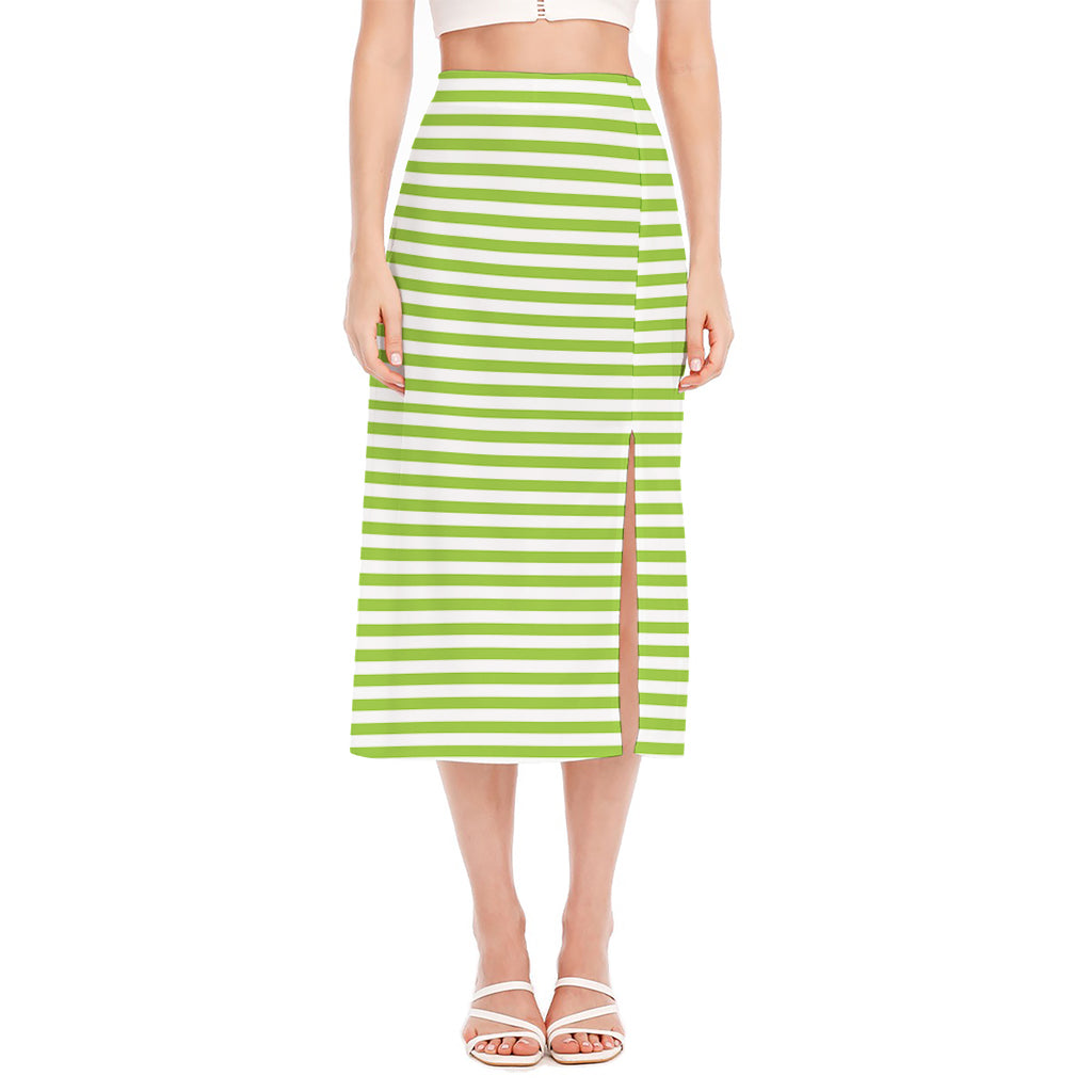 Green And White Striped Pattern Print Side Slit Midi Skirt