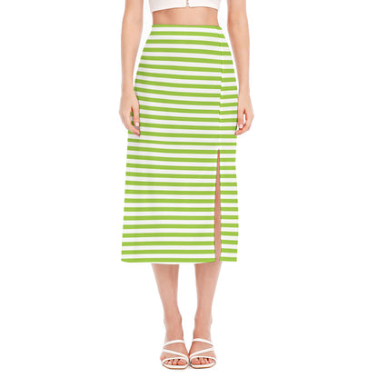 Green And White Striped Pattern Print Side Slit Midi Skirt