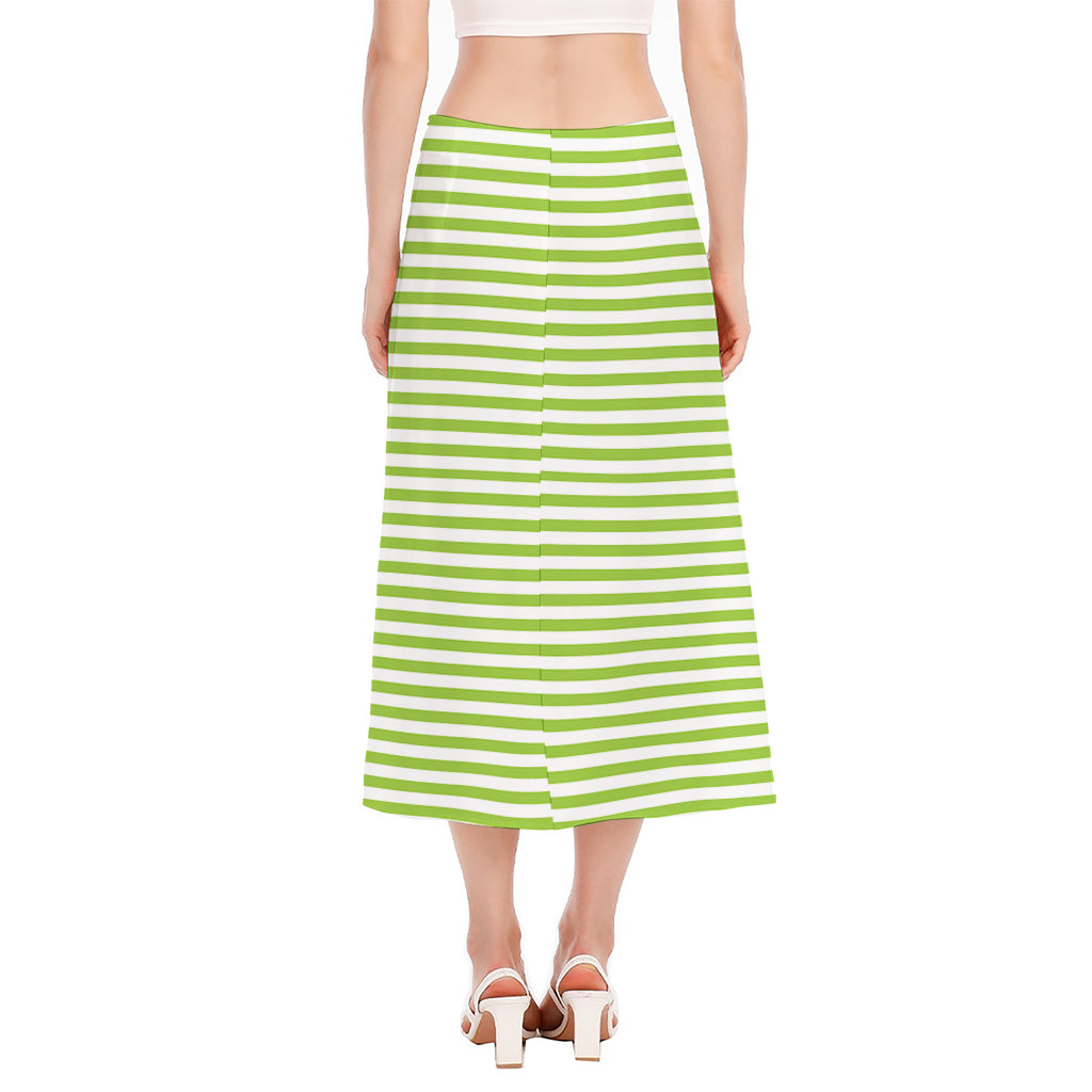 Green And White Striped Pattern Print Side Slit Midi Skirt