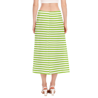 Green And White Striped Pattern Print Side Slit Midi Skirt
