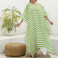 Green And White Striped Pattern Print Silk V-Neck Kaftan Dress