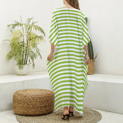 Green And White Striped Pattern Print Silk V-Neck Kaftan Dress