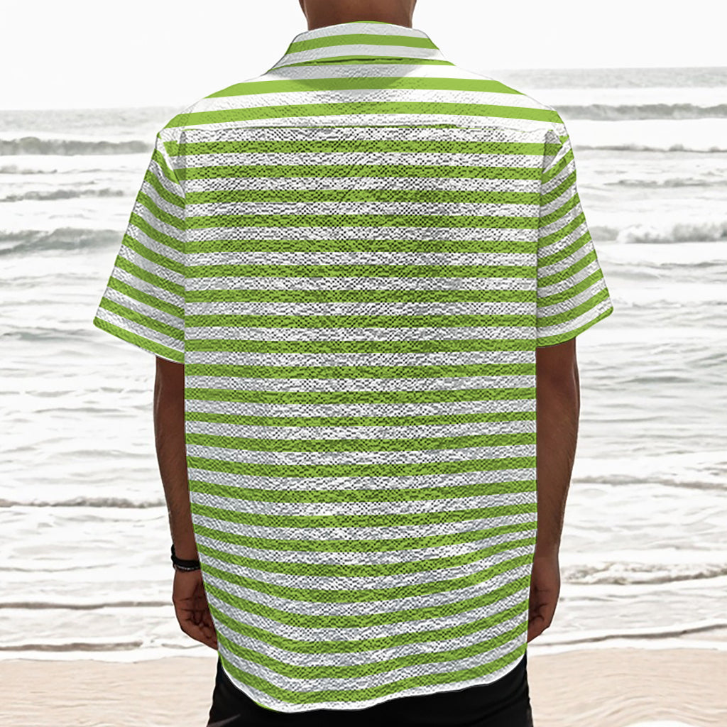 Green And White Striped Pattern Print Textured Short Sleeve Shirt