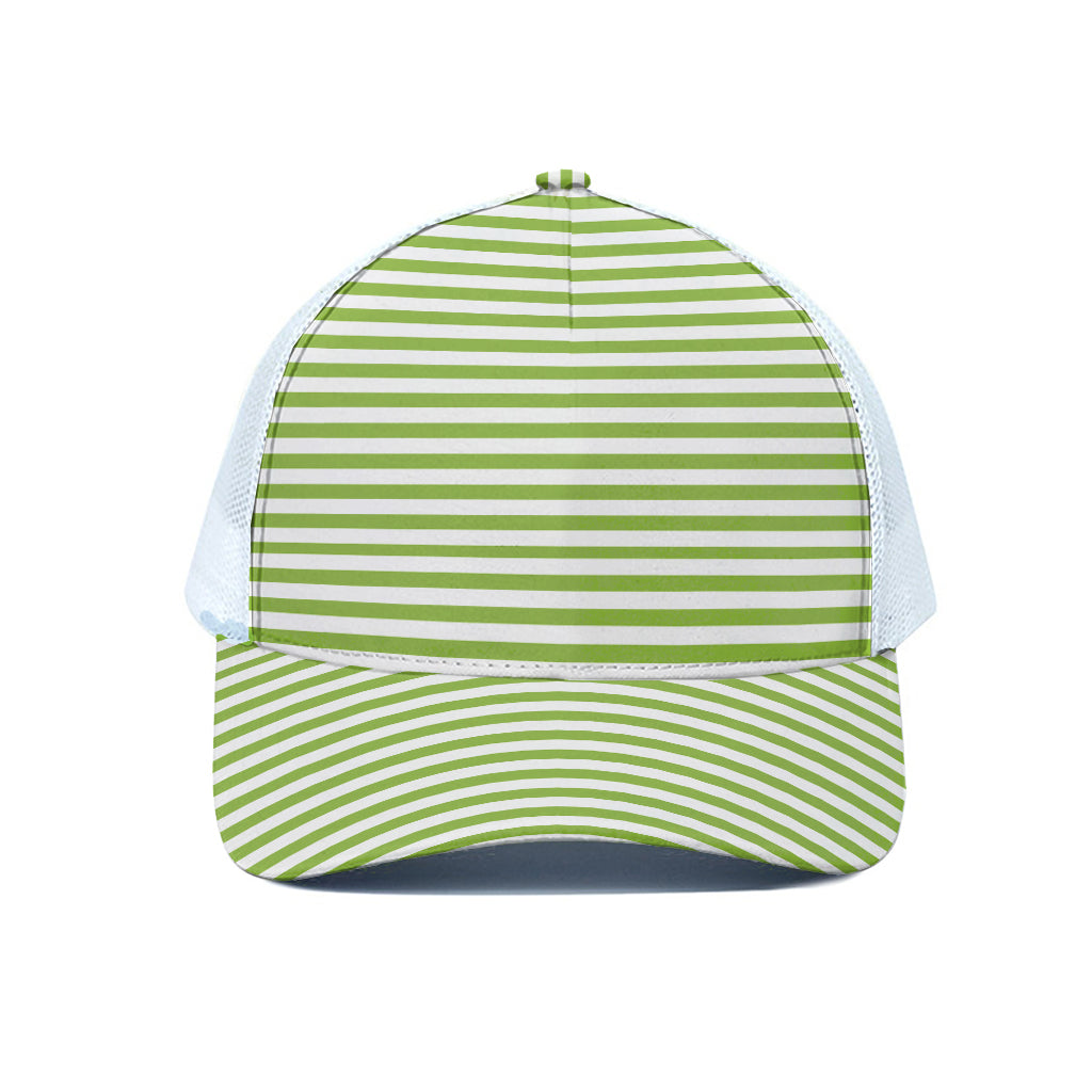 Green And White Striped Pattern Print White Mesh Trucker Cap