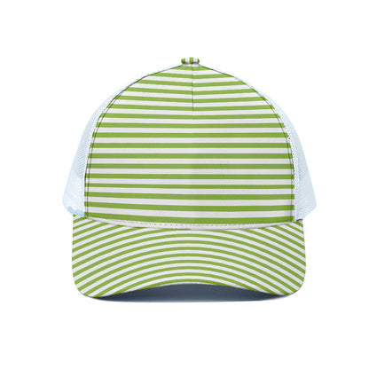 Green And White Striped Pattern Print White Mesh Trucker Cap