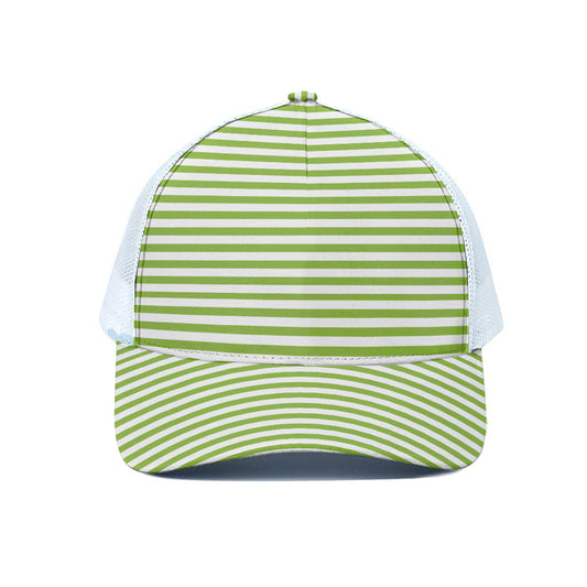 Green And White Striped Pattern Print White Mesh Trucker Cap