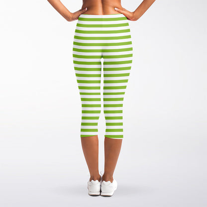 Green And White Striped Pattern Print Women's Capri Leggings