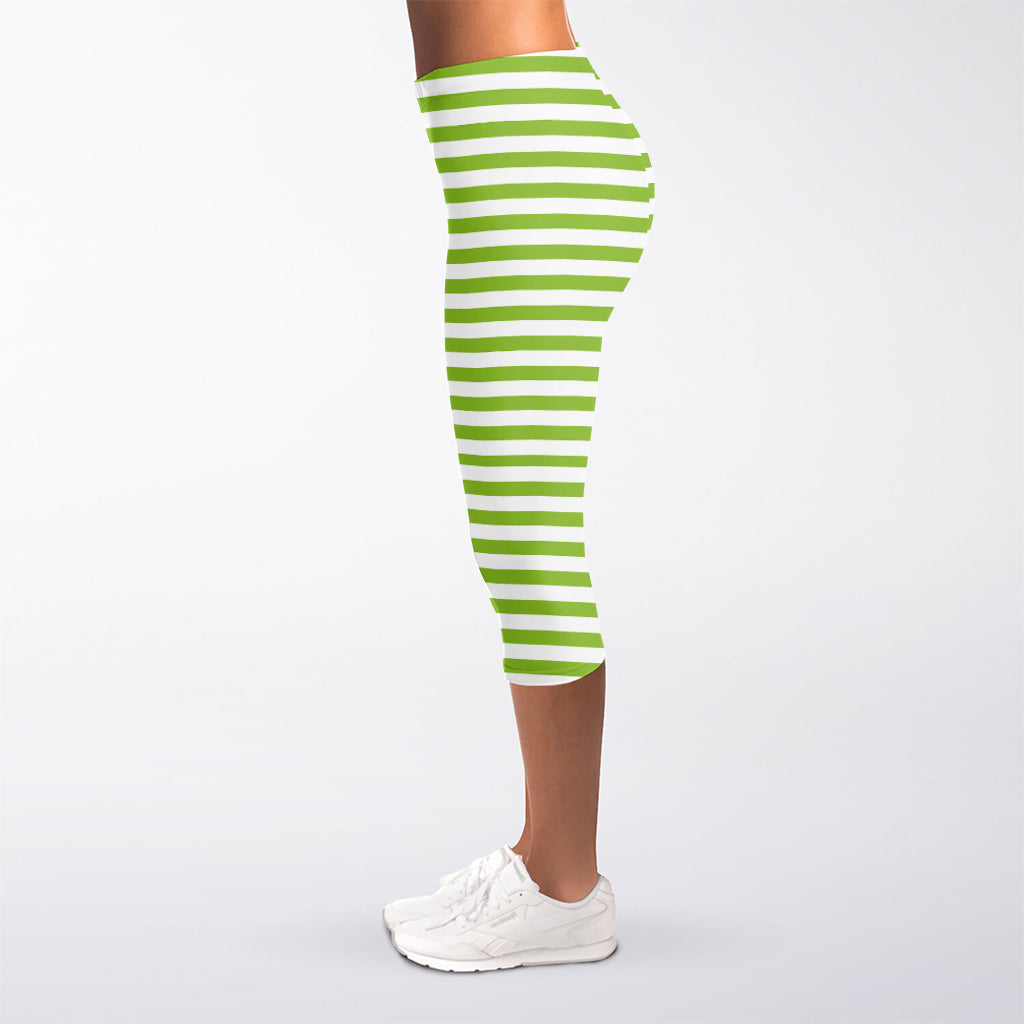 Green And White Striped Pattern Print Women's Capri Leggings