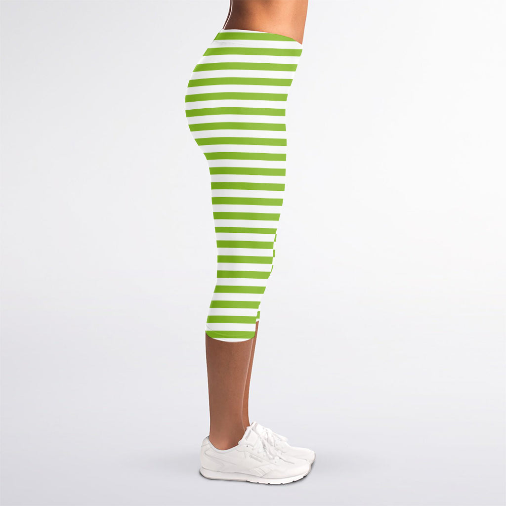 Green And White Striped Pattern Print Women's Capri Leggings