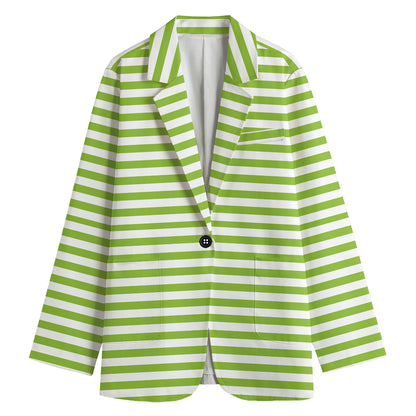 Green And White Striped Pattern Print Women's Cotton Blazer