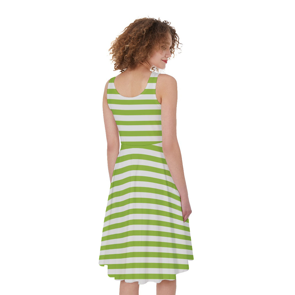 Green And White Striped Pattern Print Women's Sleeveless Dress