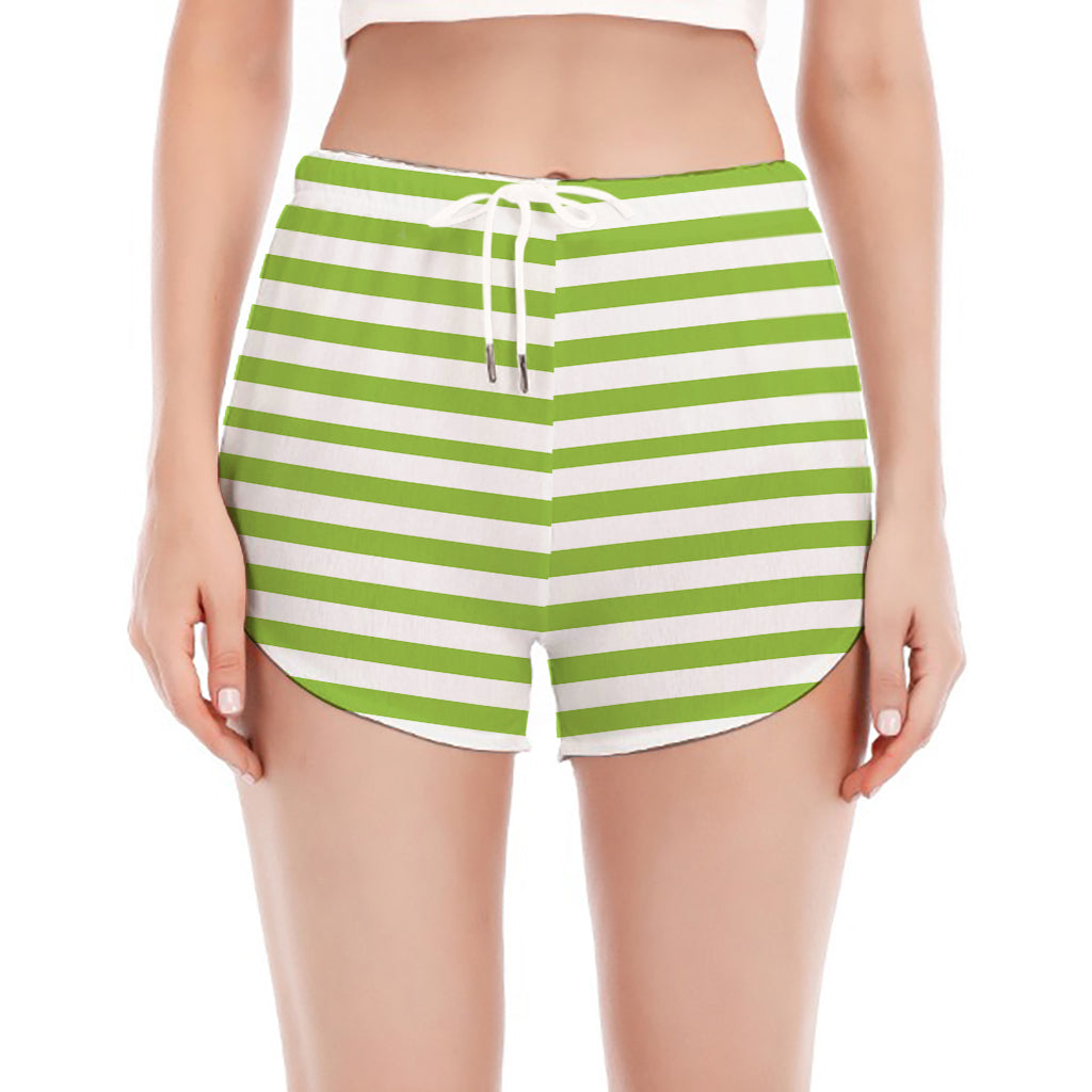 Green And White Striped Pattern Print Women's Split Running Shorts