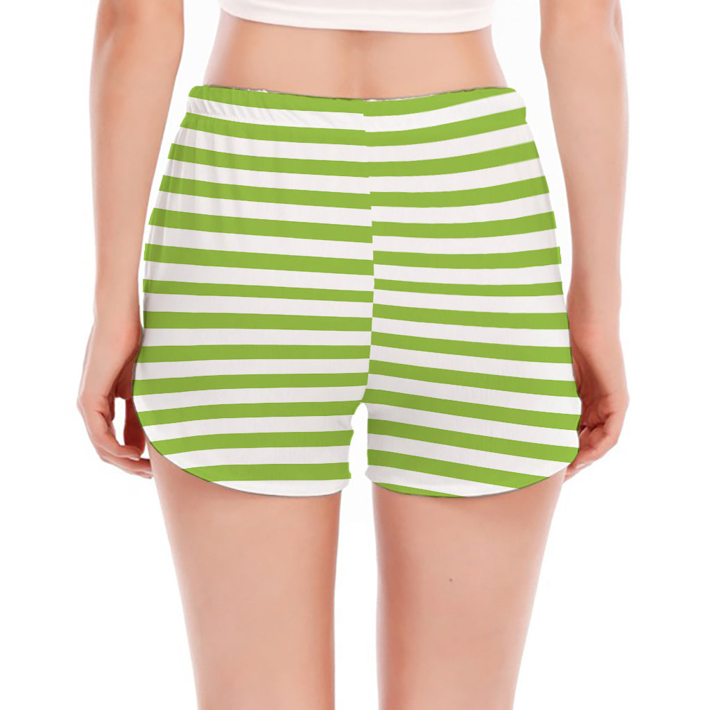 Green And White Striped Pattern Print Women's Split Running Shorts