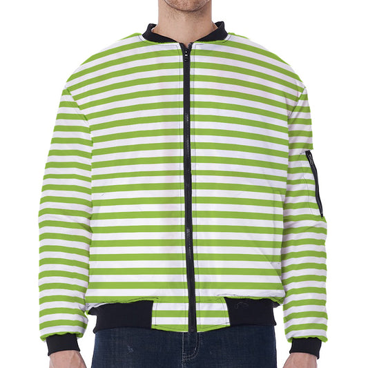 Green And White Striped Pattern Print Zip Sleeve Bomber Jacket