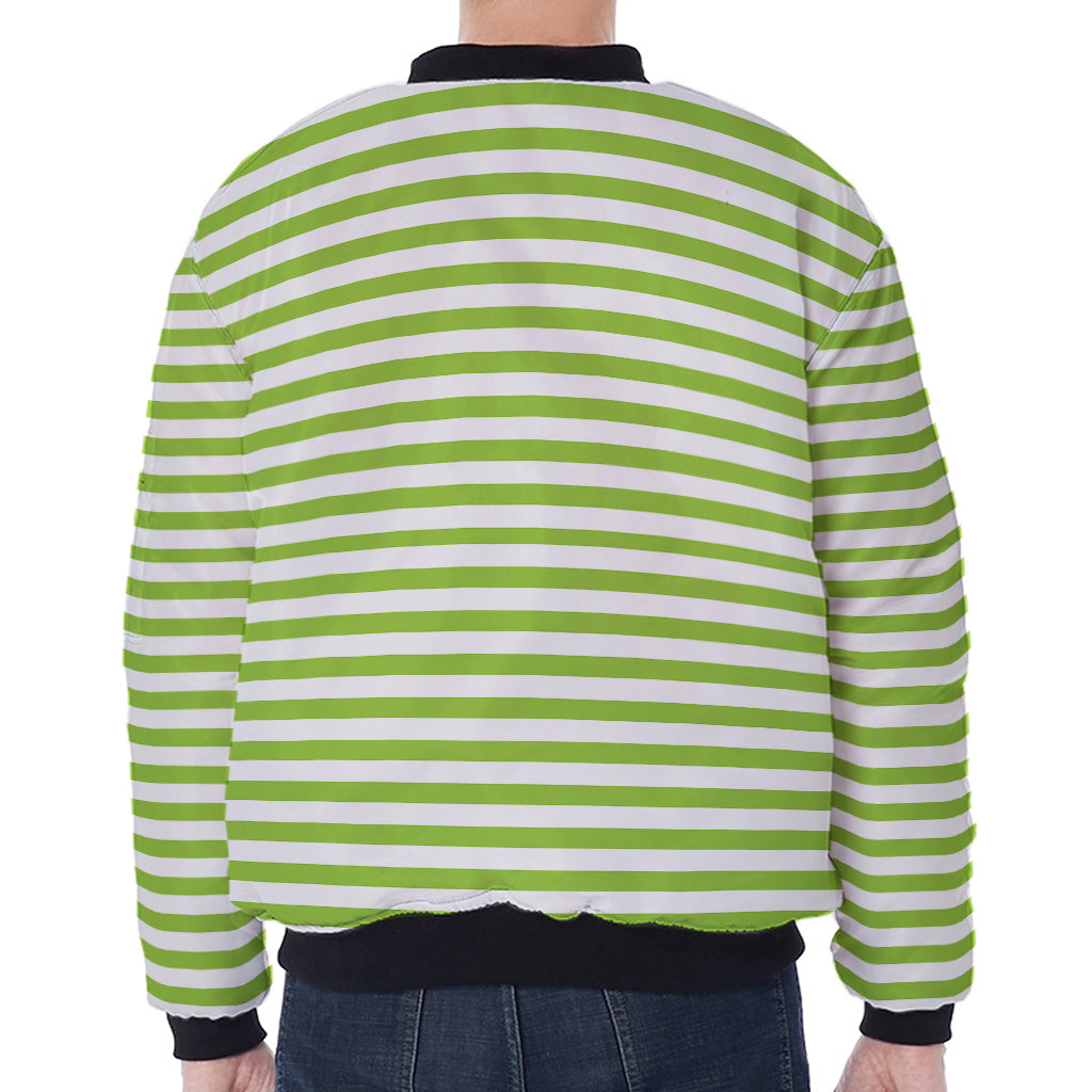 Green And White Striped Pattern Print Zip Sleeve Bomber Jacket