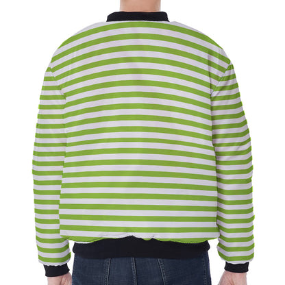 Green And White Striped Pattern Print Zip Sleeve Bomber Jacket
