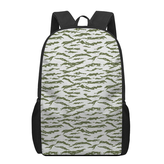 Green And White Tiger Stripe Camo Print 17 Inch Backpack