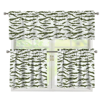 Green And White Tiger Stripe Camo Print 3 Piece Kitchen Curtains