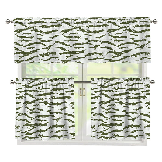 Green And White Tiger Stripe Camo Print 3 Piece Kitchen Curtains