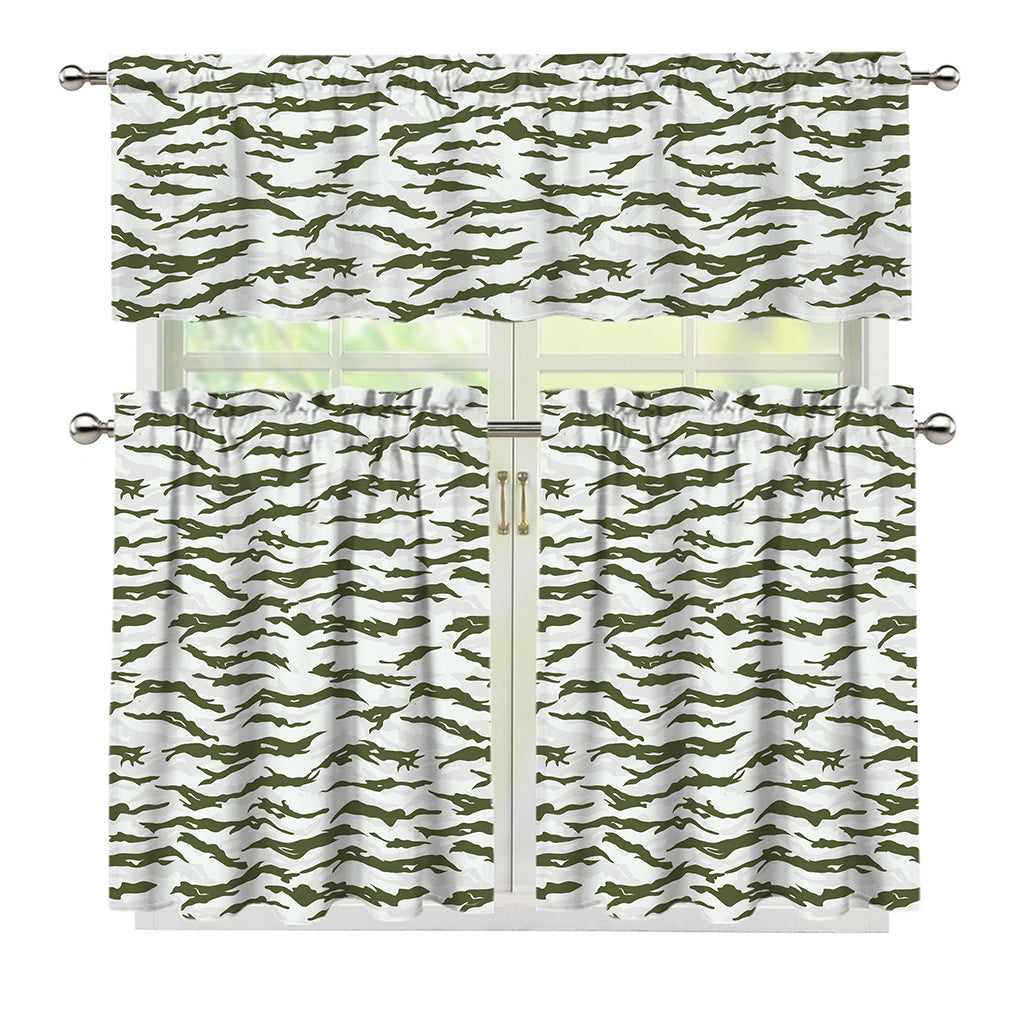 Green And White Tiger Stripe Camo Print 3 Piece Kitchen Curtains
