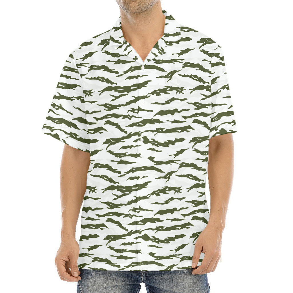 Green And White Tiger Stripe Camo Print Aloha Shirt