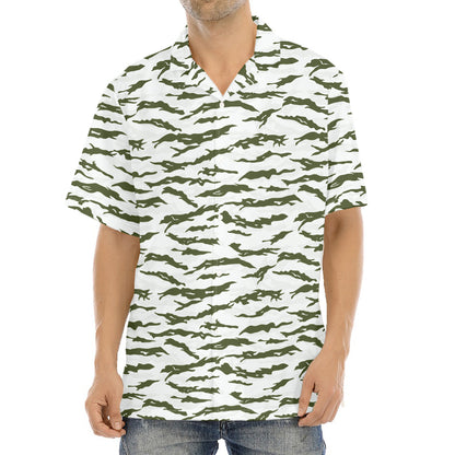 Green And White Tiger Stripe Camo Print Aloha Shirt