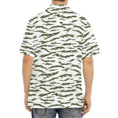 Green And White Tiger Stripe Camo Print Aloha Shirt