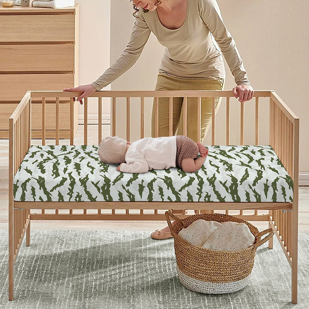 Green And White Tiger Stripe Camo Print Baby Crib Sheet